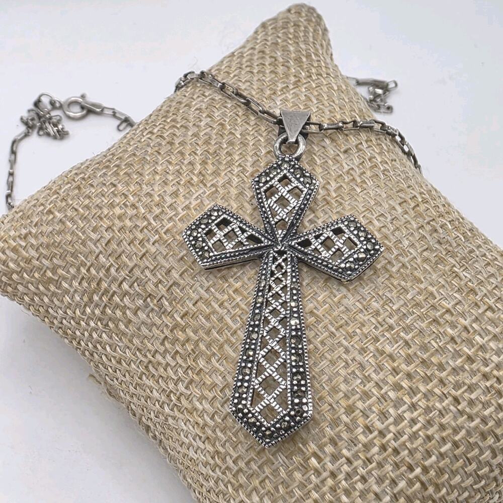 Vintage Sterling Silver Ornate Filigree Marcasite Cross Pendant 19" Necklace